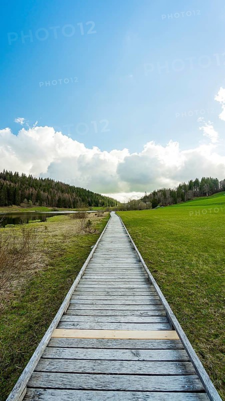 A serene wooden walkway leads through a lush spring meadow with vibrant green grass and scattered clouds overhead in French Jura