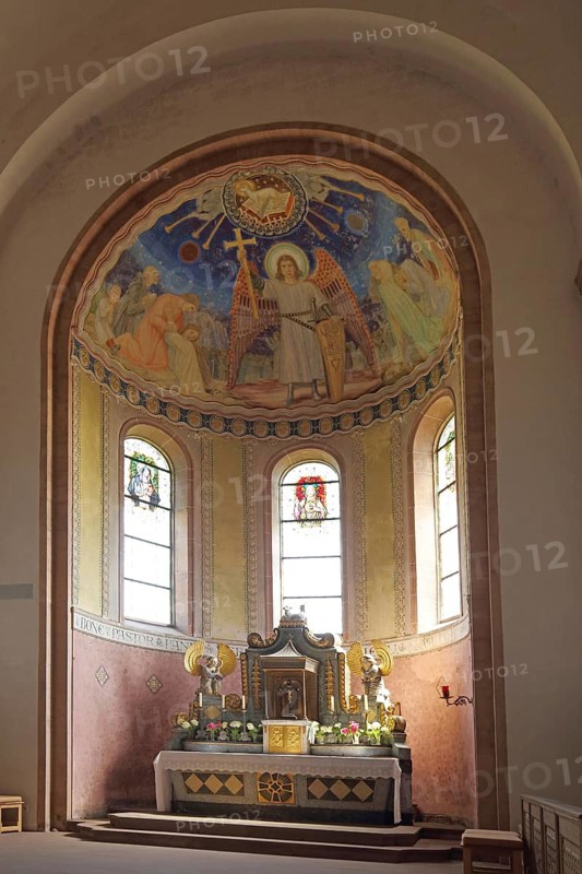 Interior view with chancel and wall painting of Carolingian monastery church of St. Michael and St. Gertraud in Neustadt am Main, Spessart, Bavaria, Germany