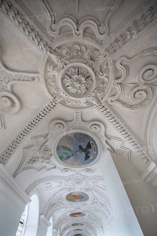 Cloister with 17th century stucco work, in the Dominican convent of Wettenhausen, 12th century, baroqueised in the 17th century, Wettenhausen-Kammeltal, Bavaria, Germany