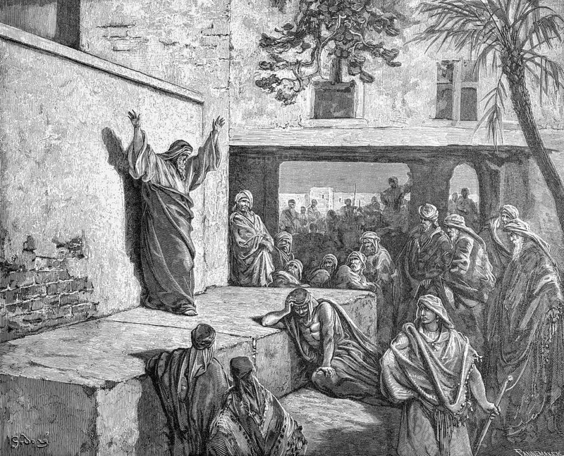 Micah or Michaeus, chapter 1, verse 2, Micah or Michaeus exhorts Israel to repent, listen, pay attention, punishment for Samaria's idolatry, God as judge, public place, speaking, future, audience, Christian religion, Bible, Old Testament, steel engraving Doré, historical illustration 1885