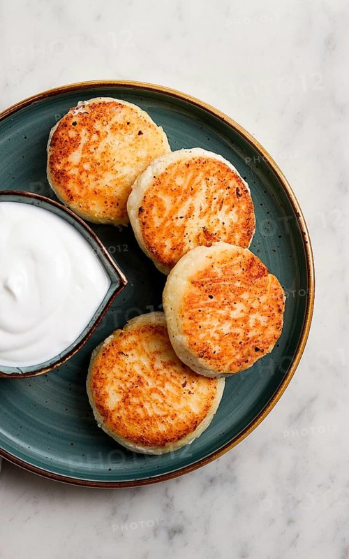 Fried, Cottage cheese pancakes, with sour cream, Cheesecakes, on a marble table, top view, no people