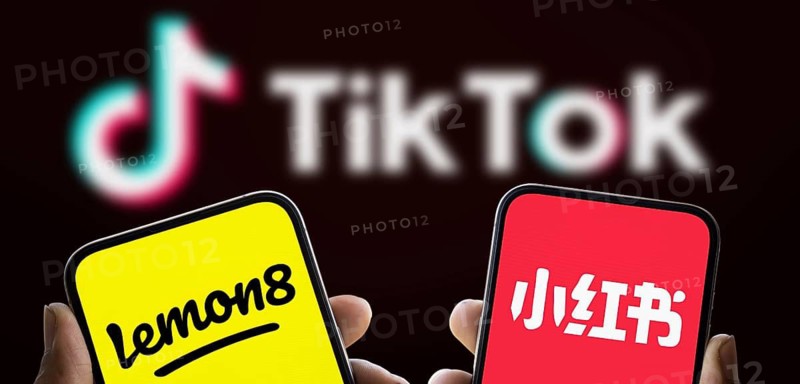 Lemon8 and Xiaohongshu (RedNote) logo is displayed on smartphone and Tiktok logo in the background
