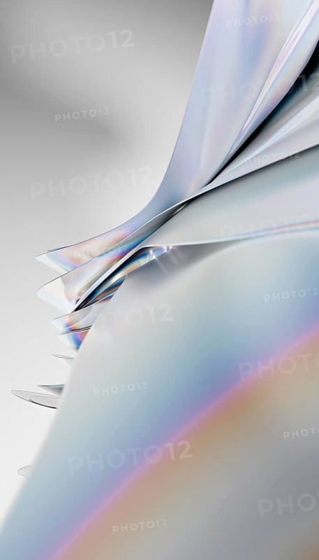 An artistic 3D render showcasing metallic sheets that spiral and fold into each other with a subtle spectrum of iridescent colors reflected on the surfaces, creating a smooth and fluid abstract visual