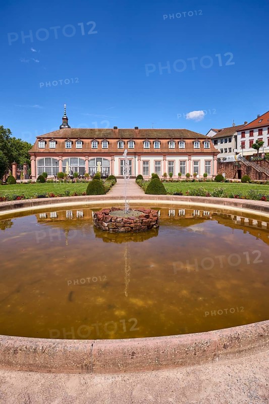 Pleasure garden, orangery, fountain, lawn, flower bed, path, sand, blue sky, Erbach, Odenwald, Odenwaldkreis, Hesse, Germany