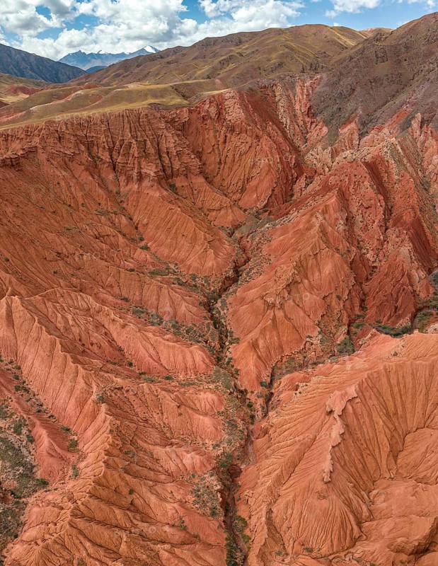 Eroded mountain landscape, canyon with red and orange rock formations, aerial view, Konorchek Canyon, Chuy, Kyrgyzstan