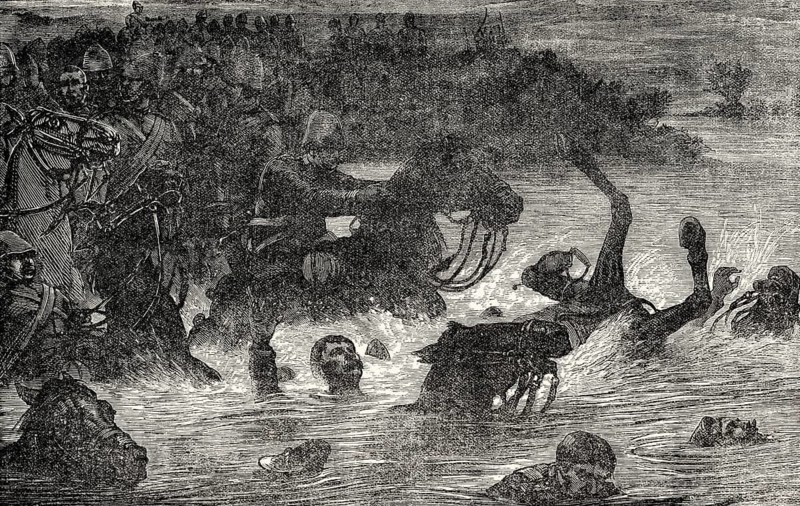 British 10th Royal Hussars in trouble, Kabul River, 31st March 1879, Second Afghan War, From British Battles on Land and Sea, by James Grant