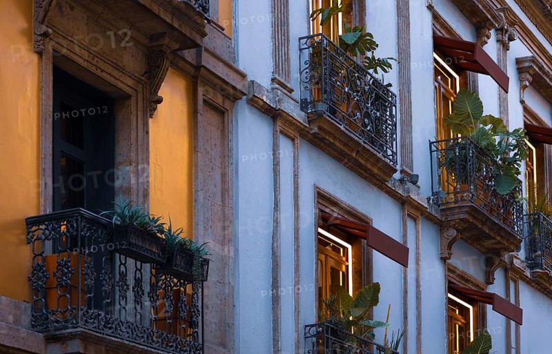 Mexico City streets in historic center Zocalo. Typical mexican architecture