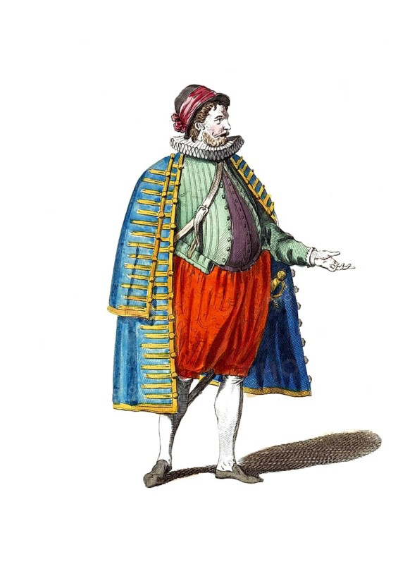 Historical clothing, fashion over time, clothing of a French nobleman in 1581, France, digitally restored reproduction of an 18th/19th century model, exact date unknown, elegant man in striped armour with coat and hat