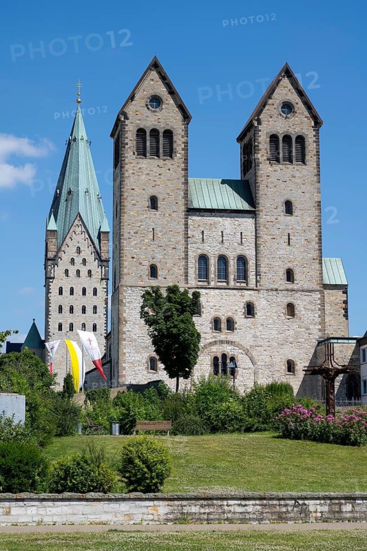 Cathedral and Abdinghof Church, Romanesque twin towers, Paderborn, Westphalia, North Rhine-Westphalia, Germany