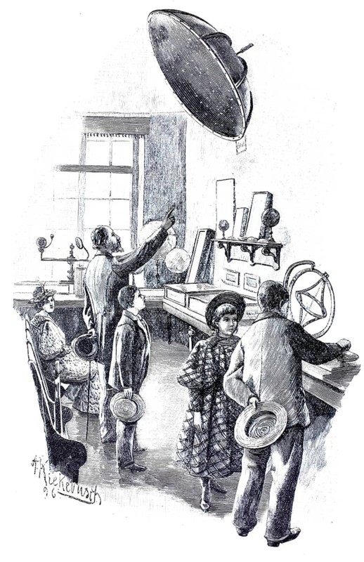 Berliner Gesellschaft Urania, founded in 1888 with the aim of making scientific findings available to a lay public, here in the astronomical department, illustration, reproduction from a model from the 19th century. Authentic, file restored for optimal use, exact date of submission unknown, historical, people look at displayed equipment in an ancient exhibition wearing hats