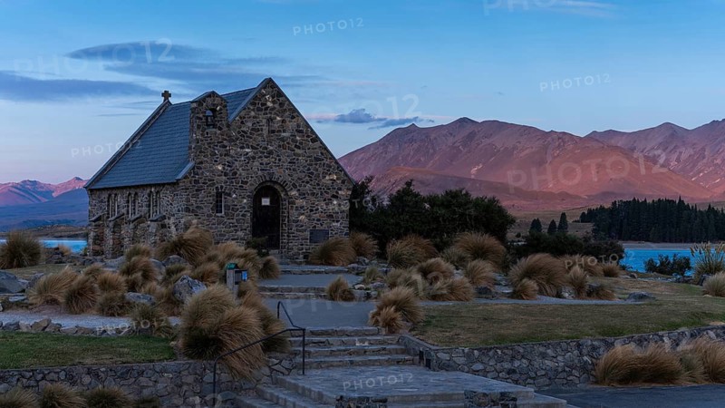 The small church The Church of the Good Shepherd on Lake Tekapo at sunset. Canterbury, South Island, New Zealand