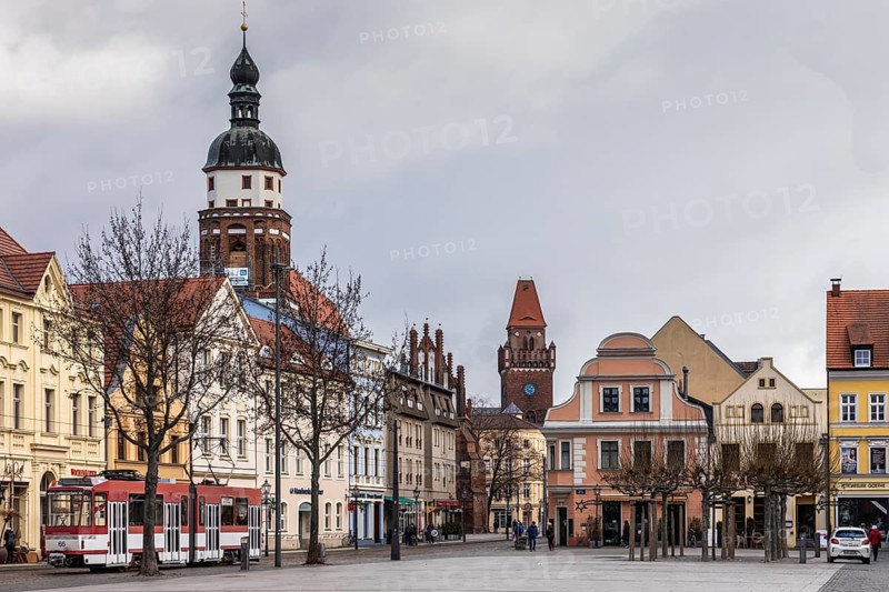 Renovated houses on the old market in the old town, Cottbus, Brandenburg, Germany