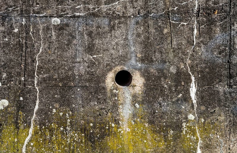 Old concrete wall with cracks, structures and green moss