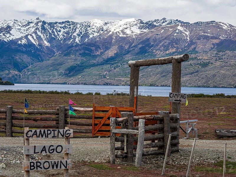 Campground at lake Lago Brown, at road X-901, south of Cochrane, Patagonia, Chile