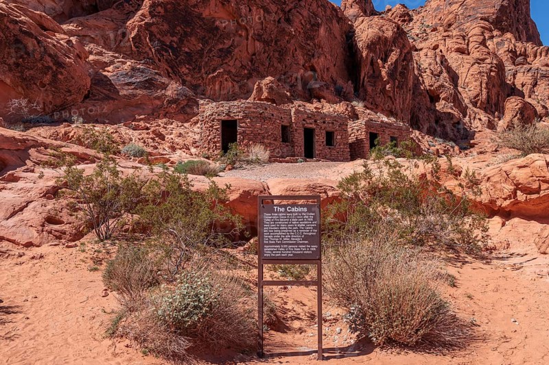 Sign tells the history of The Cabins built by the Civilian Conservation Corps inthe 1930s at Valley of Fire State Park near Overton, Nevada