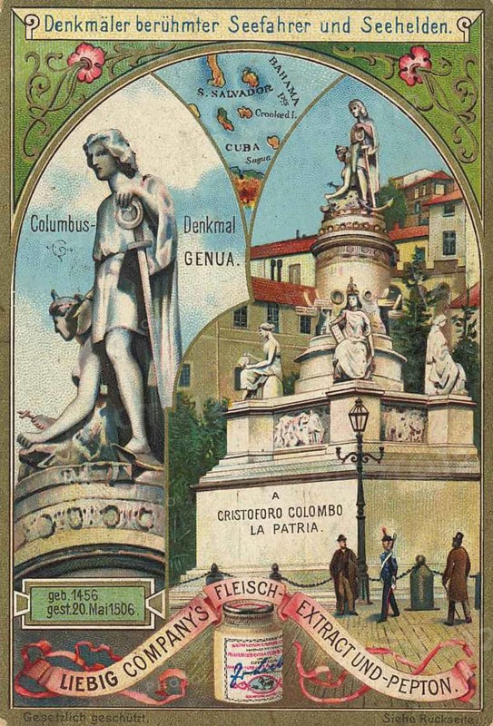 Series Monuments of famous seafarers and sea heroes, Columbus monument in Genoa, Liebig picture, digitally restored reproduction of a collector's picture from ca 1900, public domain, exact date unknown, Columbus monument in Genoa with decorations and city view in the background