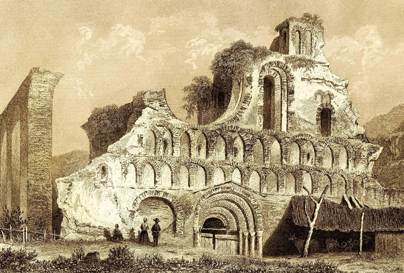Ruin of St Botolph's Priory Abbey, Basilica, Church, Colchester, County Essex, Norman period, Anglo-Norman architecture, crossbow, historic landmark, England, Great Britain, steel engraving, historical illustration 1842