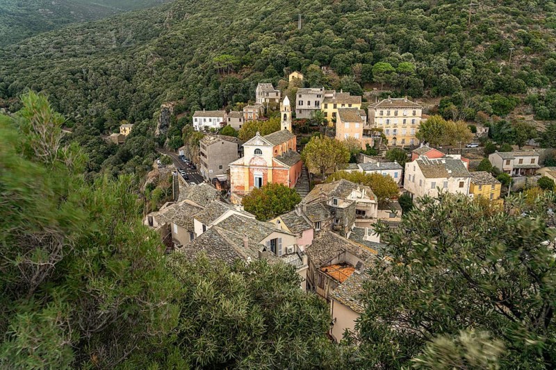 Nonza and Ste-Julie church seen from above, Cap Corse, Corsica, France