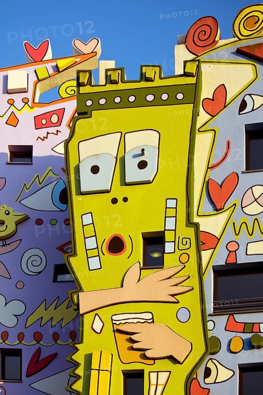 Happy Rizzi House, designed by the artist James Rizzi in pop art paintings, detail of the façade, Braunschweig, Lower Saxony, Germany