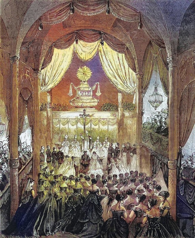 The wedding of Umberto I and his cousin Margarethe on 22 April 1868 in Turin Cathedral, Umberto I. Umberto Rainerio Carlo Emanuele Giovanni Maria Ferdinando Eugenio di Savoia (14 March 1844) (29. July 1900), House of Savoy, was King of Italy from 1878 to 1900, and Margarethe Maria Therese Johanna, Margherita Maria Teresa Giovanna di Savoia (20 November 1851) (4 January 1926), Historical, digitally restored reproduction of a 19th century original, exact original date