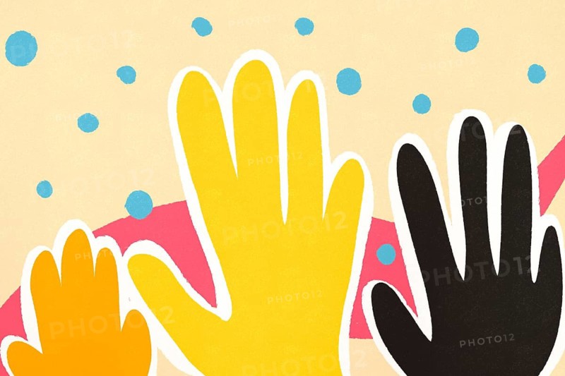Abstract illustration featuring silhouettes of various hands in pastel-toned vibrant backdrops with speckled accents