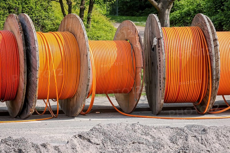 Duisburg, North Rhine-Westphalia, Germany, Internet broadband expansion, construction site for laying fibre optic cable, cable drum with fibre optic cable, new construction of fibre optic routes, fast Internet, DSL cable connection for households