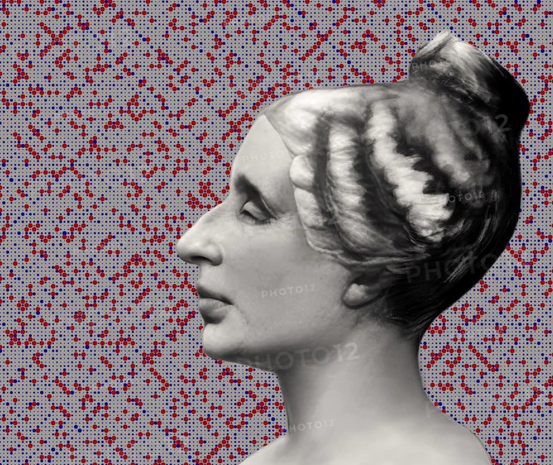 Bust of Marie-Sophie Germain, 1776 –1831, French mathematician, physicist and philosopher, digitally edited, an Ulam spiral as a graphical depiction of prime numbers