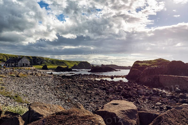 Rocky coast, coastline, sunlight, Ballintoy Harbour, Causeway Coastal Route, Antrim, Northern Ireland, Great Britain