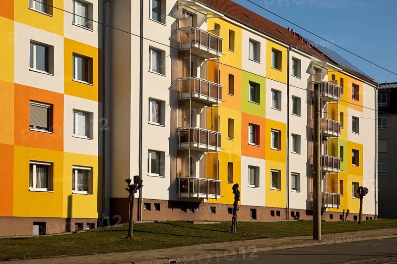 Geometrically and colourfully designed apartment buildings of a housing association, Halberstadt, Saxony-Anhalt, Germany