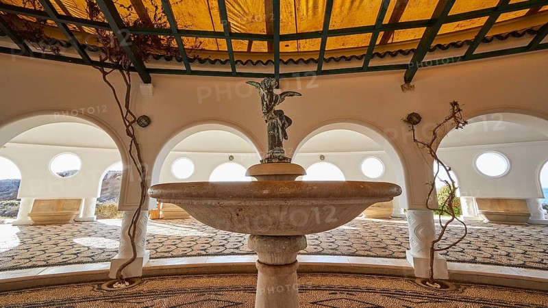 Close-up of a fountain in an artistically designed room, Kalithea, Kallithea, thermal baths, spa, Rhodes, Dodecanese, Greek Islands, Greece
