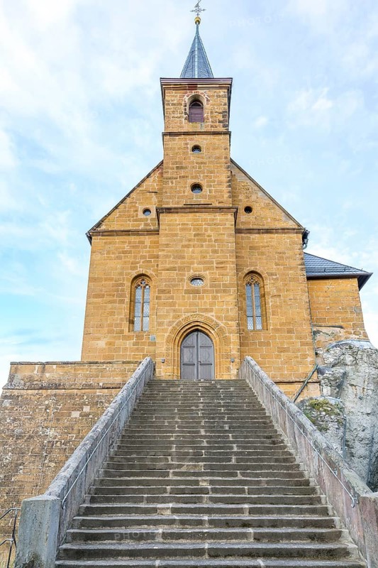 Long and wide staircase to the Gügelkirche St. Pankratius on the Gügel near Scheßlitz, Upper Franconia, Bavaria, Germany