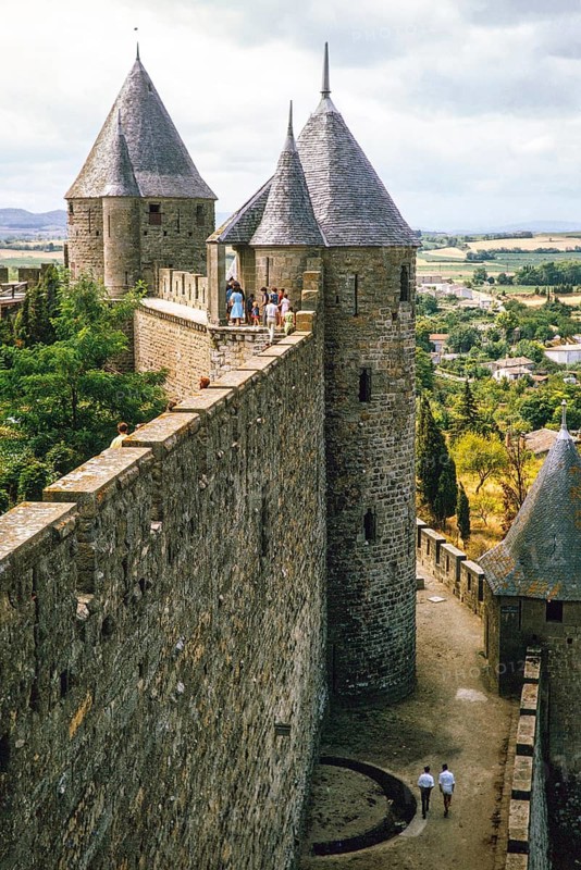 Walls, ramparts, towers of Chateau Carcassonne, Aude region, France 1964