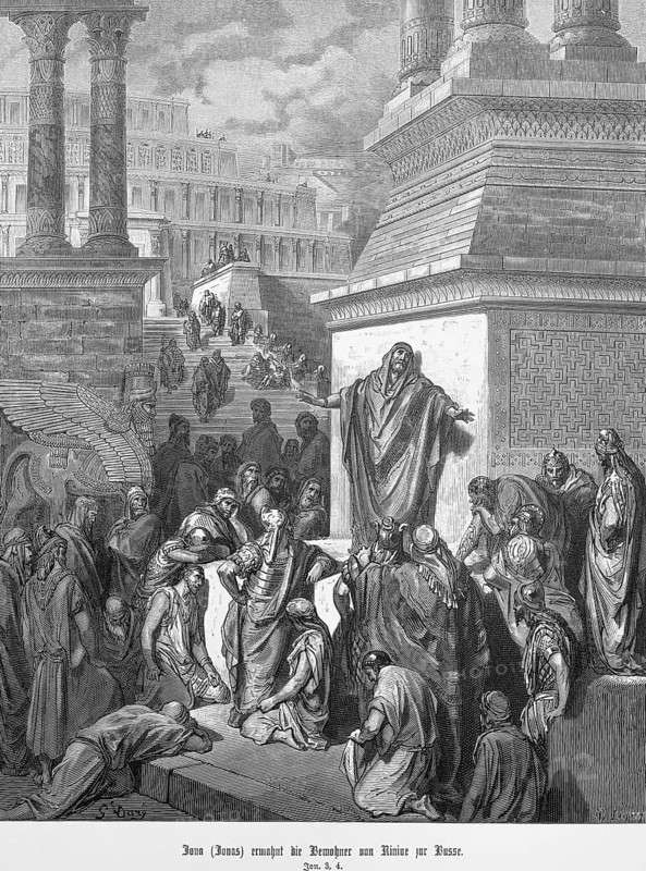 Jonah or Jonah admonishes the inhabitants of Nineveh to repent, in forty days Nineveh is a pile of rubble, destruction, cityscape, crowd, inhabitants, listening, skepticism, disbelief, speaking, Bible, chapter 3, verse 4, Christian religion, Old Testament, steel engraving Doré, historical illustration 1885