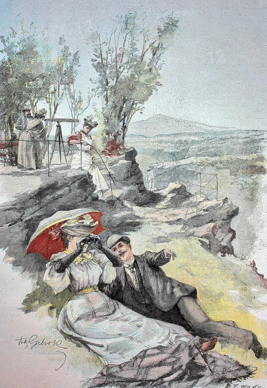 Young couple in the summer resort in the Harz mountains, here the view from the Hexentanzplatz to the Brocken, 1870, Germany, Historic, digitally restored reproduction of an original 19th century painting, exact original date not known