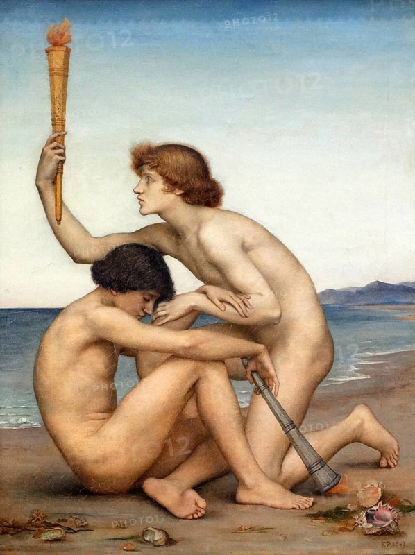 Phosphorus, the Greek goddess Hecate as the bringer of light and Hespersus, a titan of Greek mythology, 1881, painting by Evelyn De Morgan (30 August 1855 - 2 May 1919) . English Pre-Raphaelite paintress, digitally enhanced reproduction of a 19th century original, historical