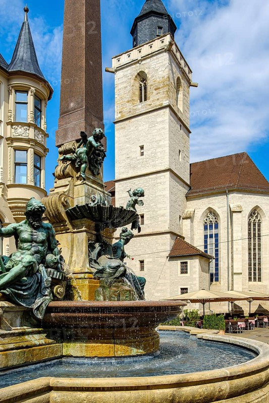 Old Anger Fountain and St Wigbert's Church on the Anger in Erfurt, Thuringia, Germany