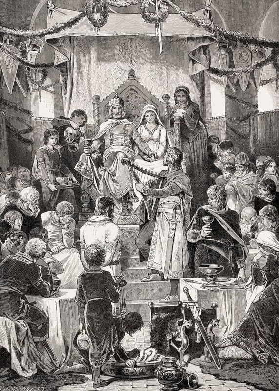 Walther von der Vogelweide singing at the coronation of Philip of Swabia, King of Germany, 1198