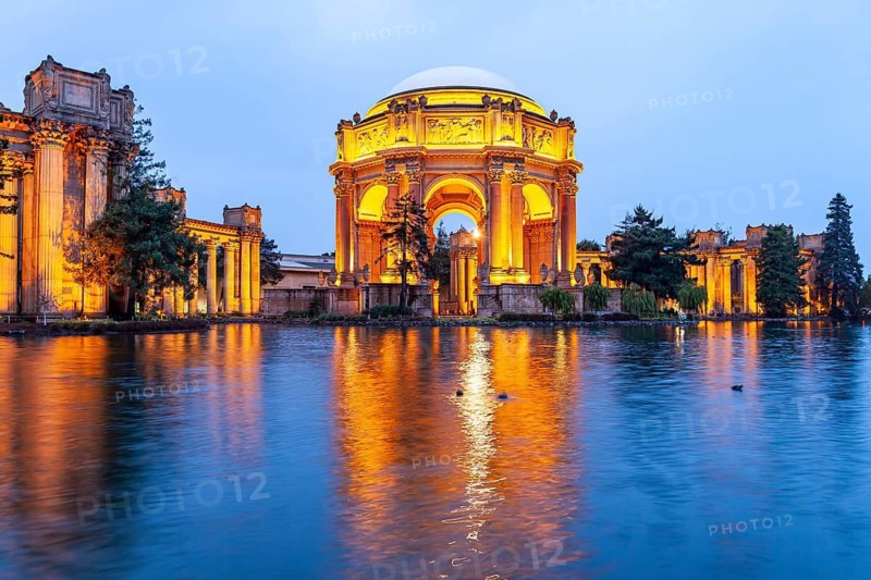 The illuminated Palace of Fine Arts in the Marina District in San Francisco at night, California, United States of America, USA