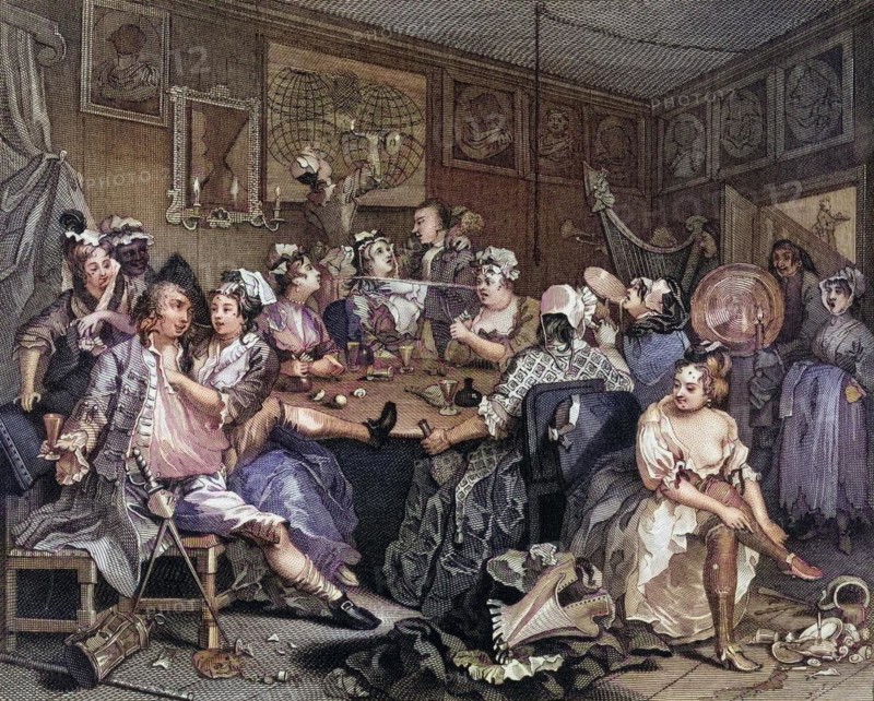 The Rakes Progress Tavern Scene From the original picture by Hogarth from The Works of Hogarth published London 1833, Historisch, digital restaurierte Reproduktion von einer Vorlage aus dem 19. Jahrhundert, Record date not stated