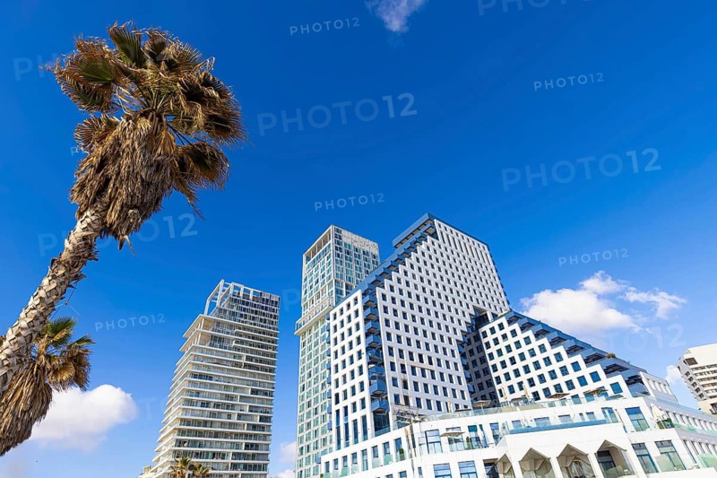 Scenic Tel Aviv coastline seashore promenade with hotels and beaches near Old Jaffa port