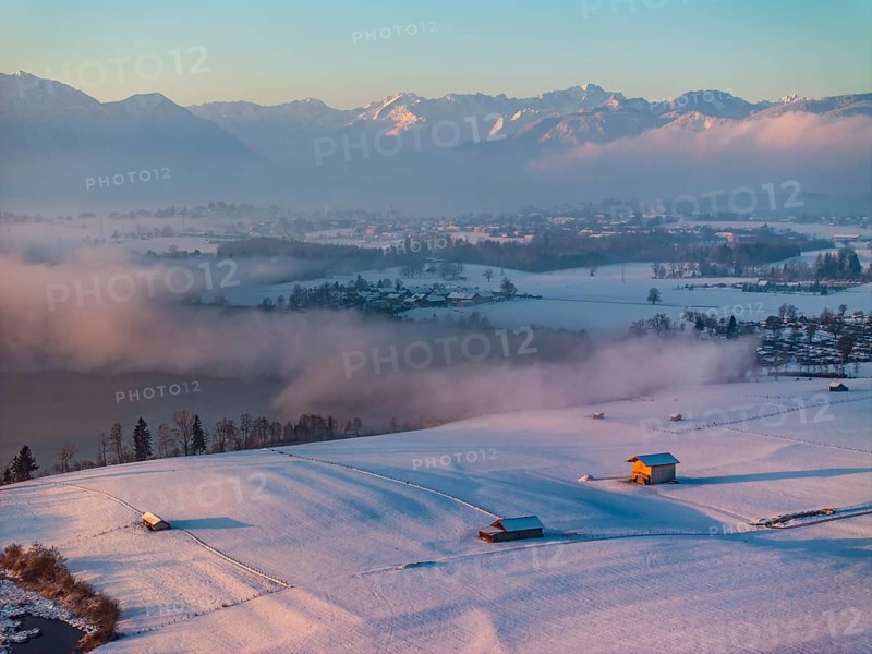 Morning light, winter, snow, fog, lake, mountain landscape, sunny, aerial view, Riegsee, behind Murnau, Zugspitze, Alpine foothills, Bavaria, Germany