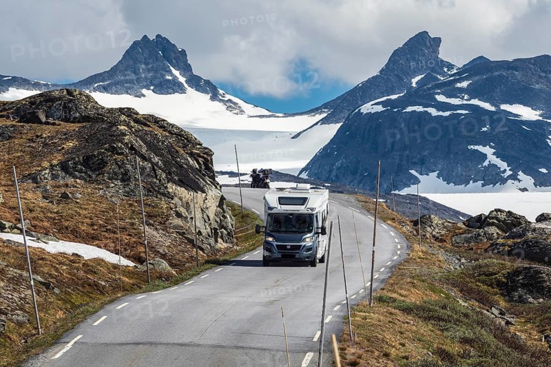 Camper van, mountain crossing Sognefjellsvegen, view towards glacier, mountain pass over the Sognefjellet, Norway