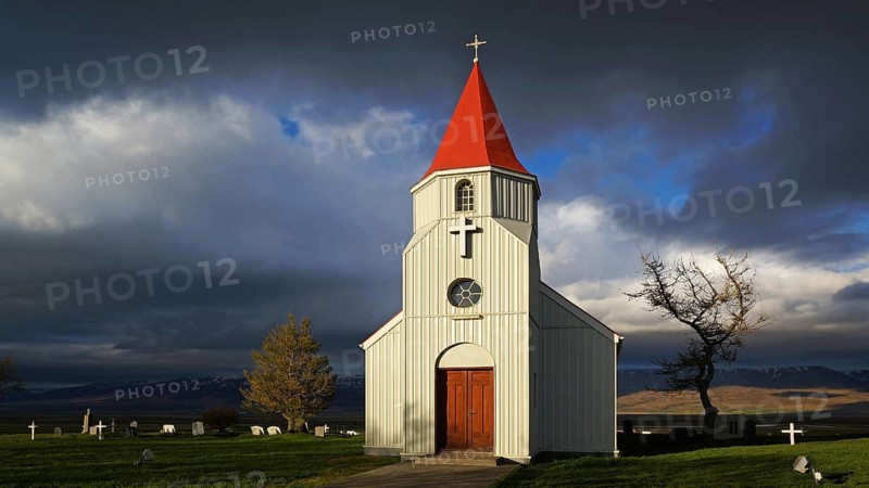 Iceland, Glaumbaer church and village view, Glaumbaer, Iceland