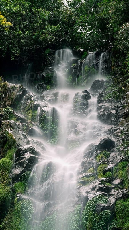A breathtaking view of a layered waterfall cascading over jagged rocks through a lush, verdant landscape, offering a serene and enchanting scene