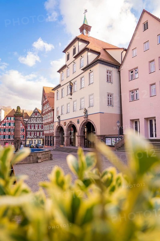 Historic town hall with pointed roofs on a sunny town square, Calw in spring, Black Forest, Germany