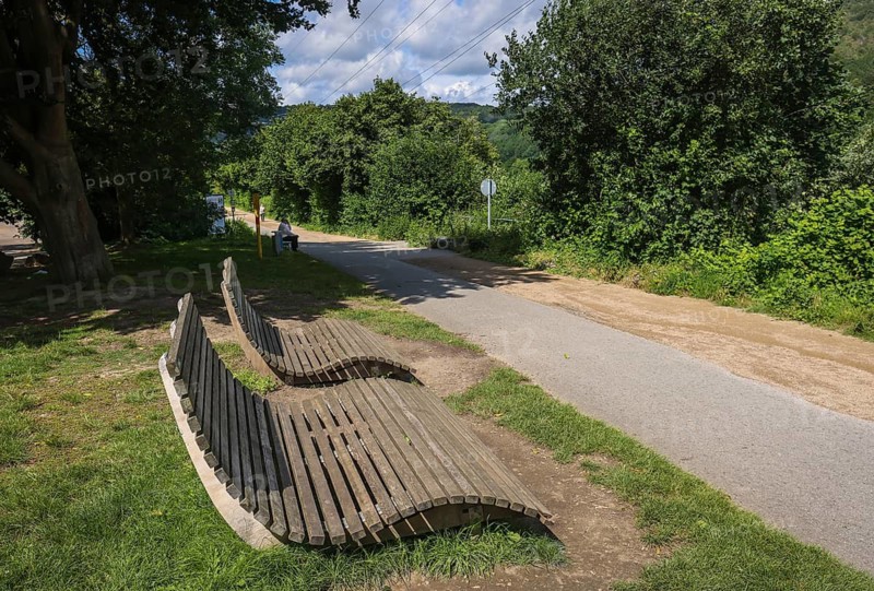 Hagen, North Rhine-Westphalia, Germany - benches on the Ruhr Valley cycle path on Lake Hengstey, Lake Hengstey is a reservoir completed in 1929 and operated by the Ruhrverband in the course of the Ruhr between the towns of Hagen, Dortmund and Herdecke in the Ruhr region. It is one of the six Ruhr reservoirs and is named after the neighbouring Hagen district of Hengstey