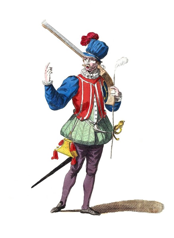 Historical clothing, fashion in the course of time, garment of a Dutch soldier in 1588, Holland, digitally restored reproduction of a model from the 18th/19th century, exact date unknown, soldier in colourful costume with rifle and eye-catching hat