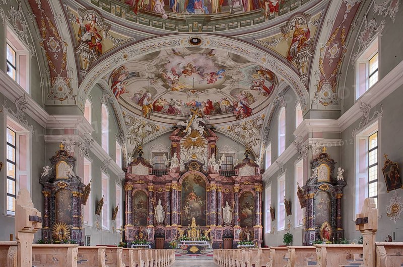 Nave, altar, ceiling painting, interior photograph, St. George Catholic Parish Church, Neustift, Stubai Valley, Tyrol, Austria
