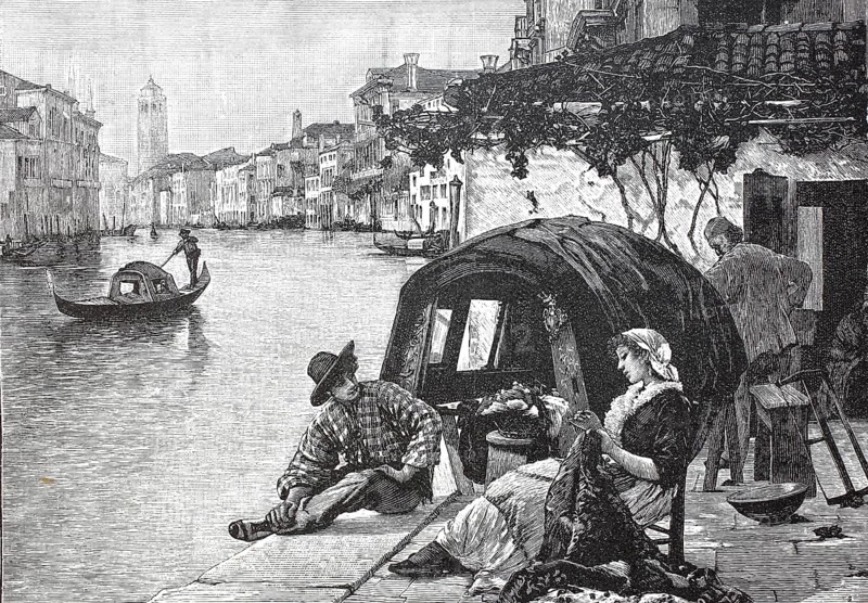 Lovers' advertisement in Venice, a young couple sitting by the canal, 1890, Italy, digital reproduction of an original from the 19th century, historical