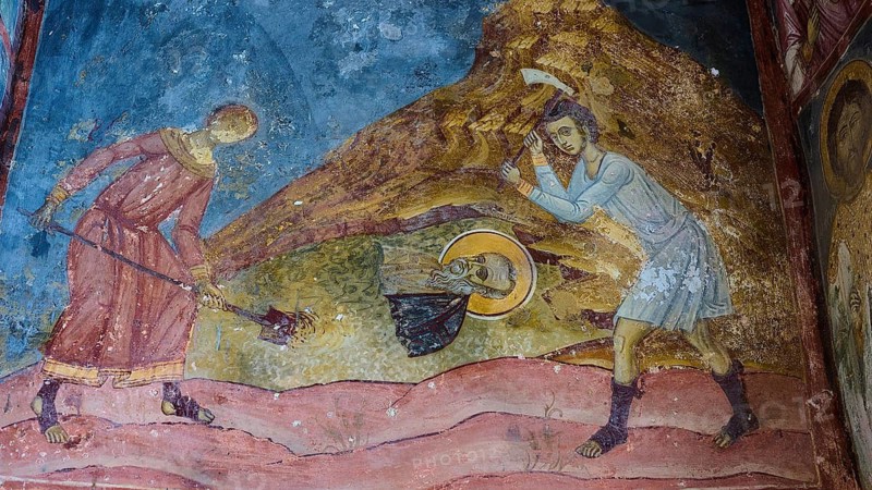 Historical fresco depicting a religious scene with two persons and angelic apparition, in a church, Inside the monastery, Agiou Theologou Monastery, Chora, Patmos, Dodecanese, Greek Islands, Greece